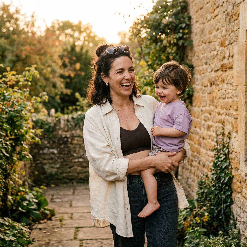 Smiling mom carrying her toddler outdoors