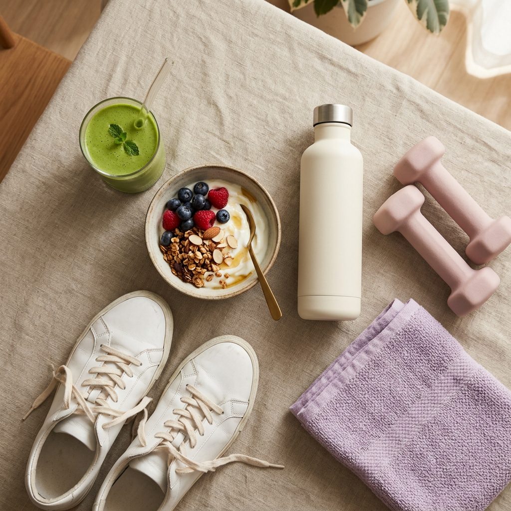 Smoothie, yogurt bowl, water bottle and pink dumbbells on linen