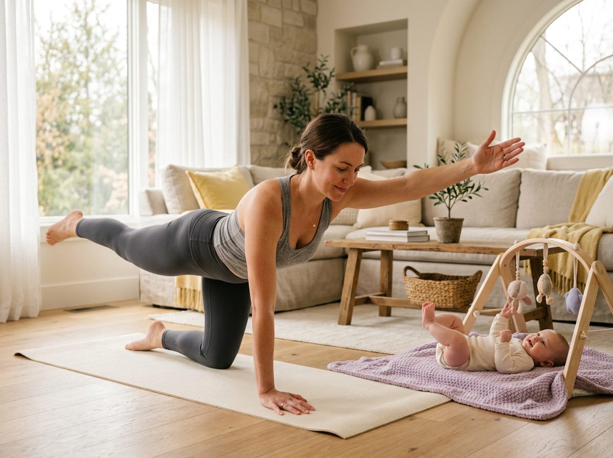 New mom doing a gentle core exercise next to her baby